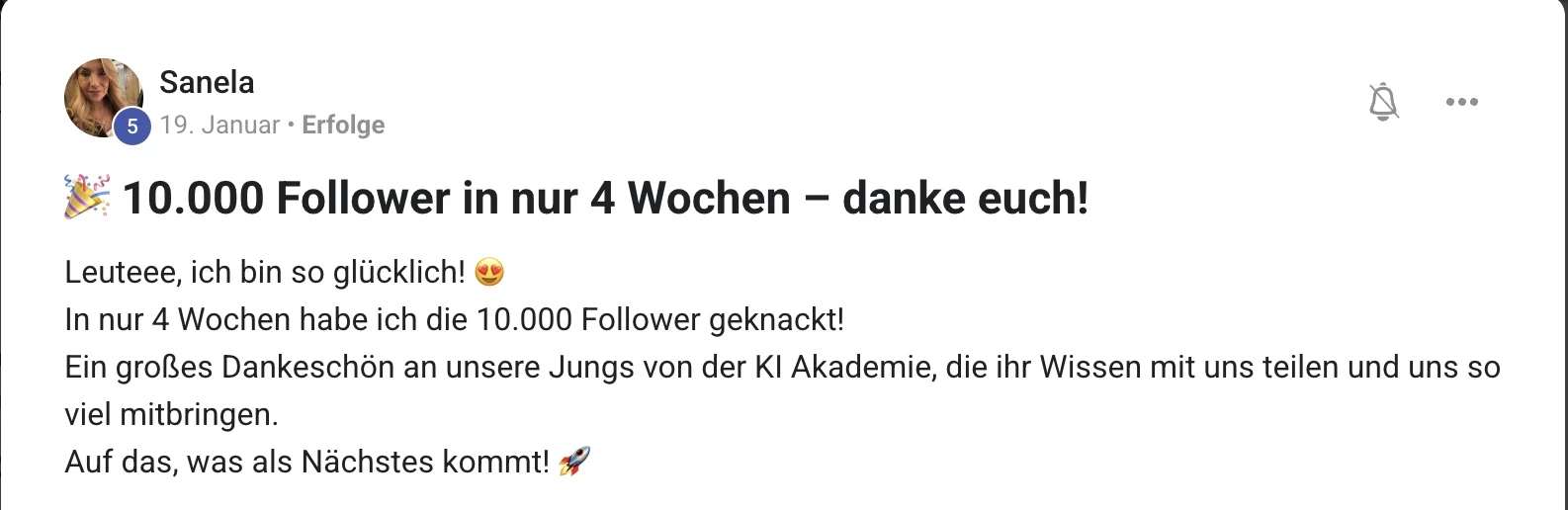 Erfolgsbericht KI Creator Akademie: Sanela knackt 10.000 Instagram-Follower in nur 4 Wochen
