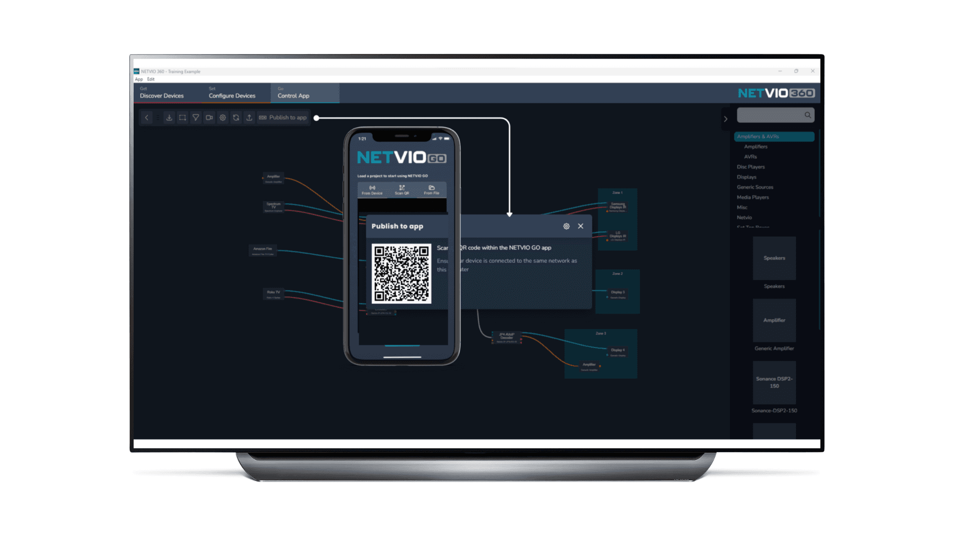NETVIO360 app screen with QR code for connection
