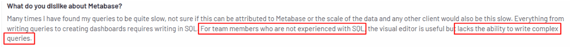 Metabase user review highlighting slow queries and SQL complexity