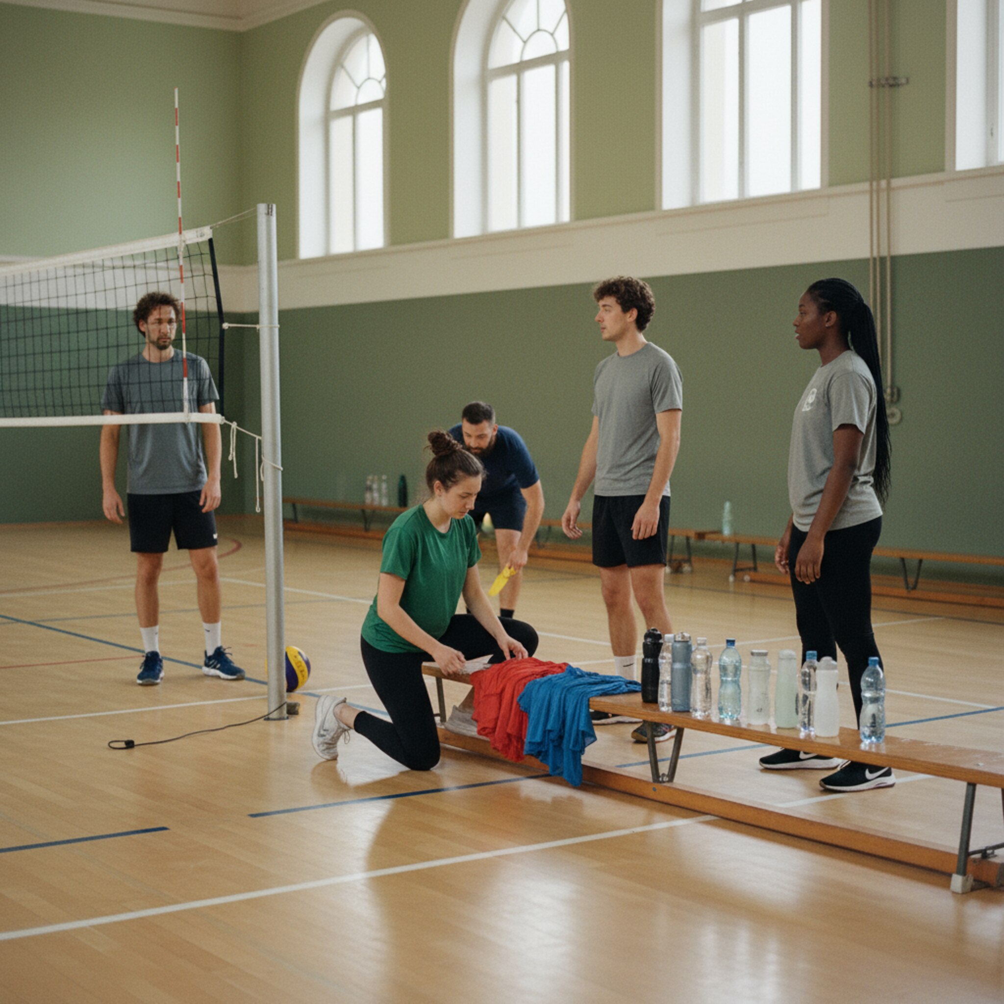 Am frühen Abend spannen Vereinsmitglieder ein Volleyballnetz, die Linien glänzen frisch. Zwei Spieler richten die Pfosten aus, jemand legt Trainingsleibchen bereit. Auf der Tribüne stehen Trinkflaschen ordentlich in Reihe. Die Halle wirkt lebendig und gleichzeitig klar strukturiert.