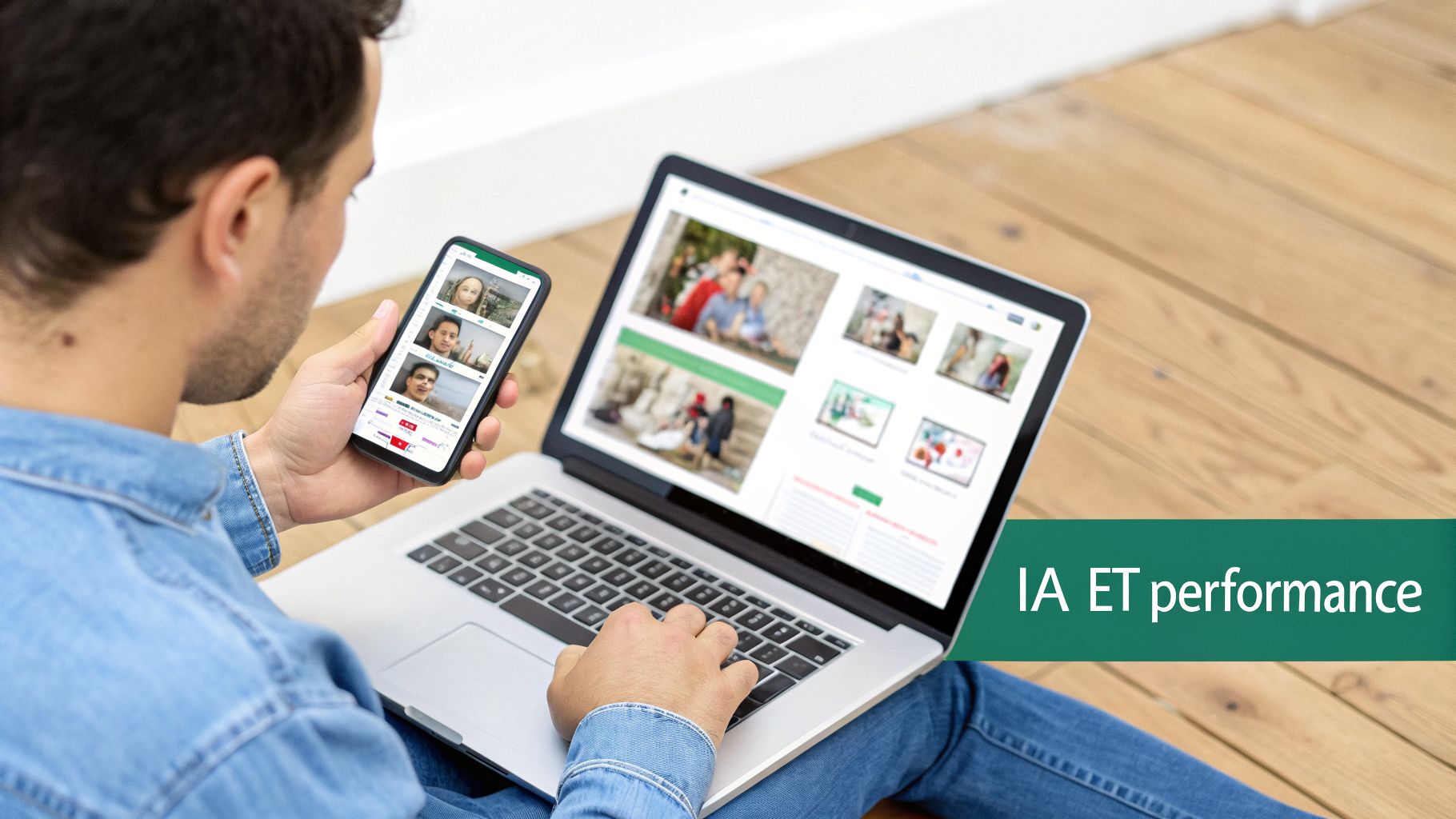 Un homme navigue sur son smartphone et travaille sur son ordinateur portable, assis sur un plancher en bois.