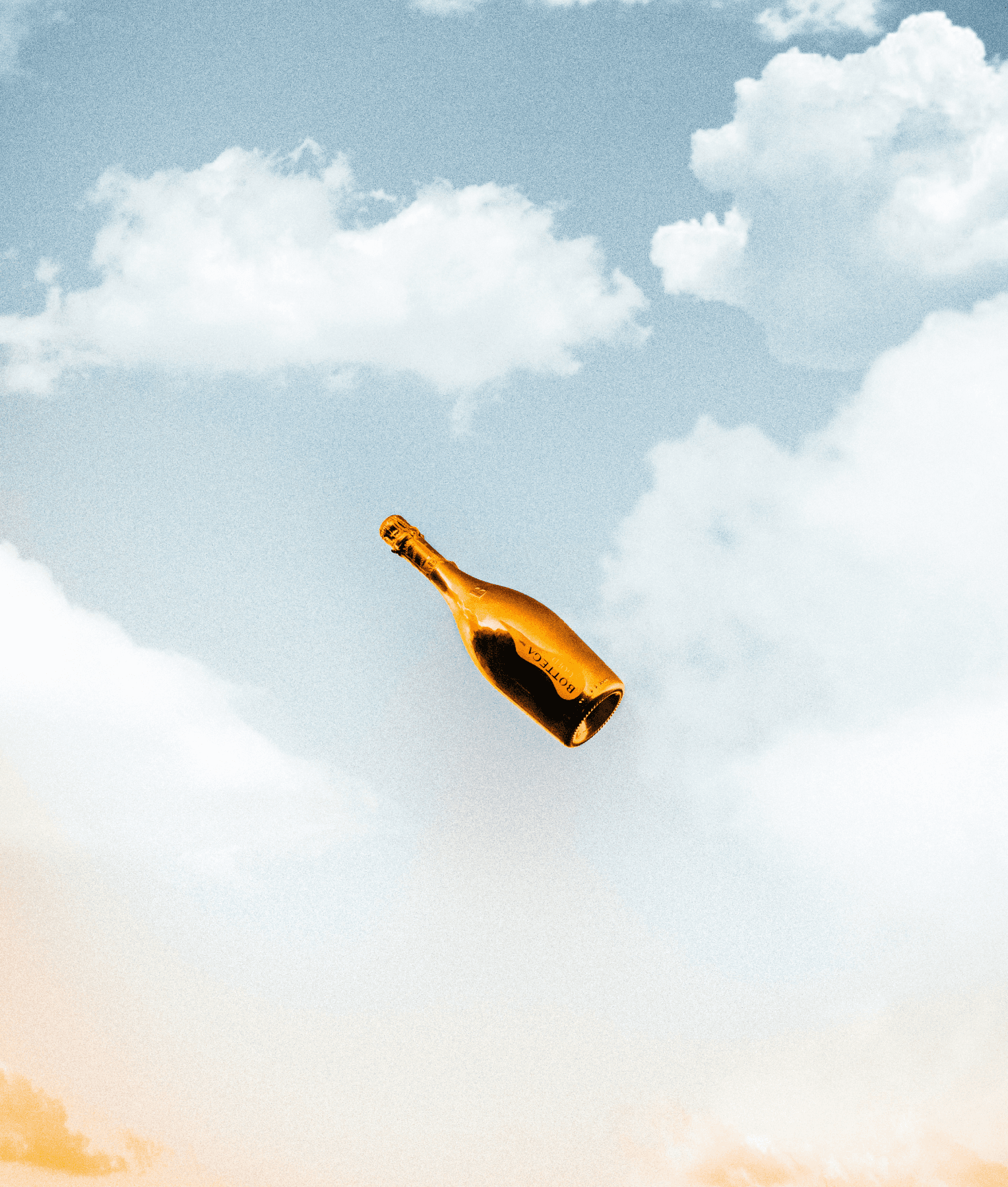 Bouteille de champagne couleur bronze flottant dans les airs - inspiration spiritueux luxe et haut-de-gamme