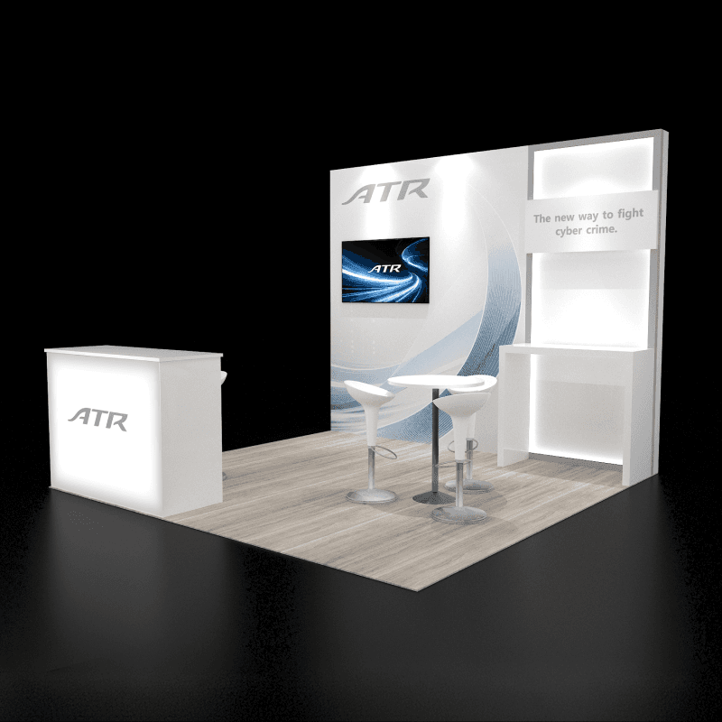 10x10 trade show booth with lit shelves and lead capture counter