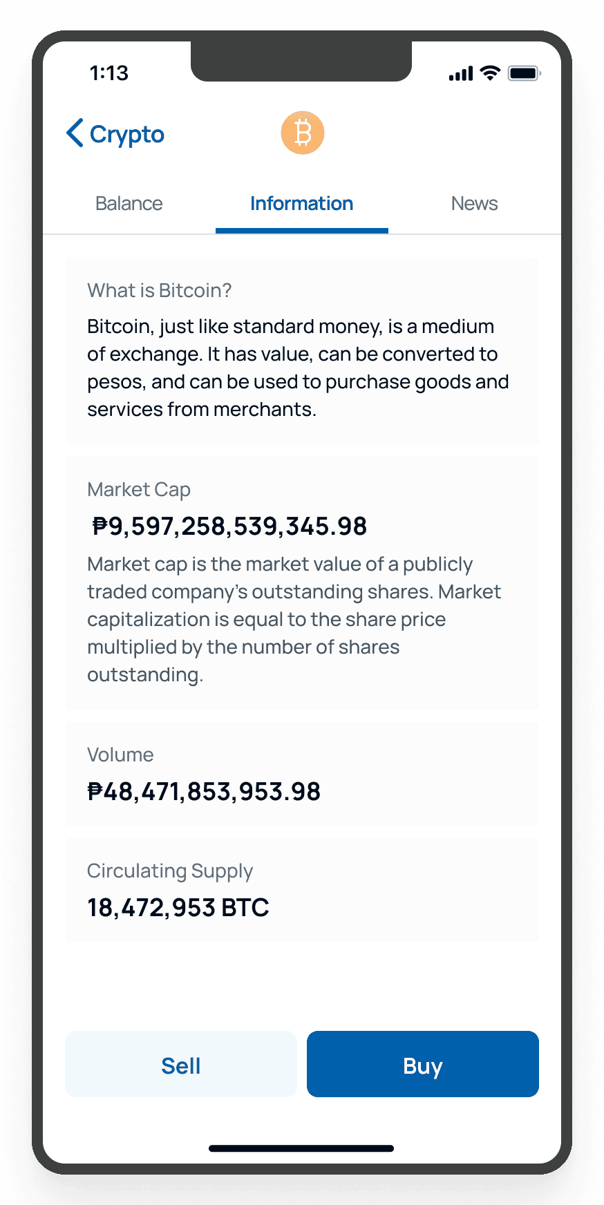 A detailed information screen for Bitcoin in a cryptocurrency app showing current market statistics such as market cap, volume, and circulating supply, along with options to buy or sell.