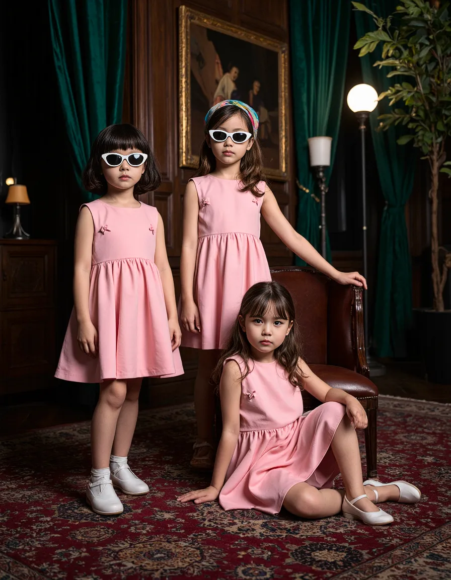 Three children in matching pink dresses against emerald green backdrop, two wearing white sunglasses, styled in a vintage setting