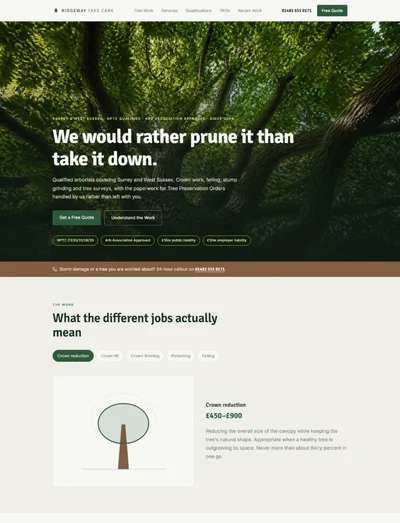 Arborist website template preview with tree work types and qualifications