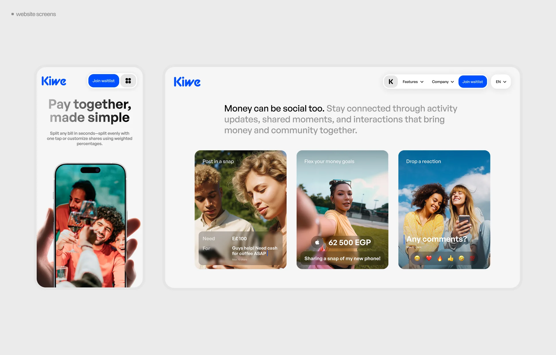 Kiwe website social features — bill splitting screen and "Money can be social too" section with activity feed and reactions
