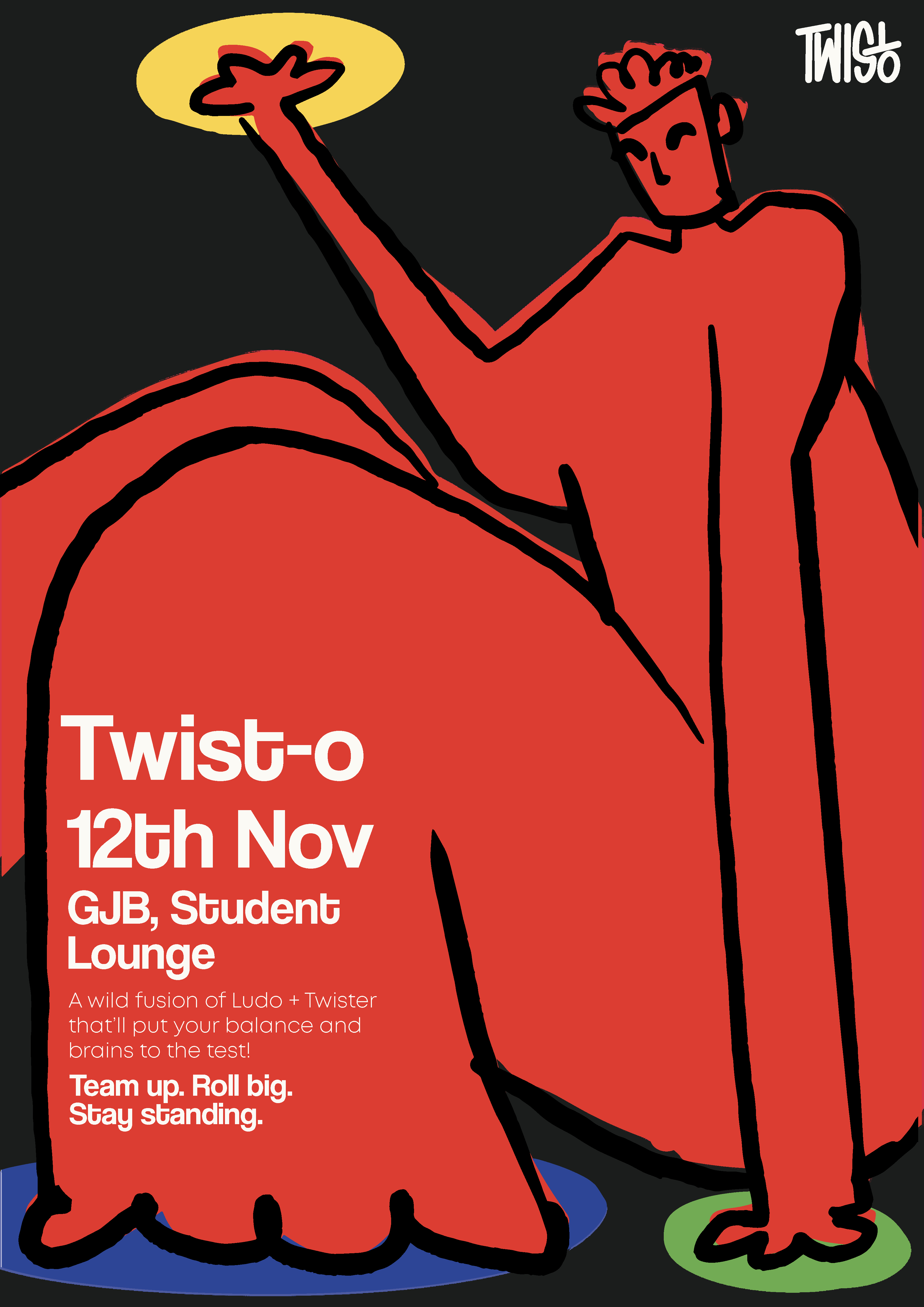 Twist-O event poster featuring a red illustrated figure and bold typography for a human-size board game experience.