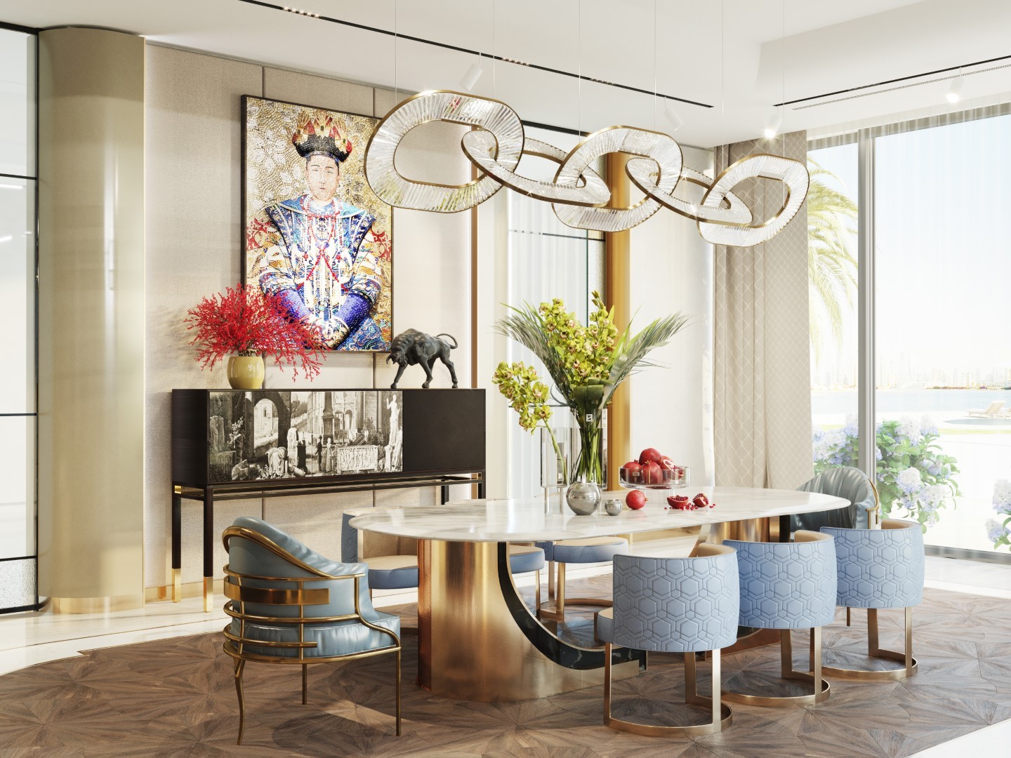 A luxurious, modern dining room features a round marble table with a gold base, surrounded by stylish blue chairs, a unique intertwined chandelier, vibrant floral arrangements, and a sideboard adorned with art and an elephant sculpture, set against a large window with an ocean view.