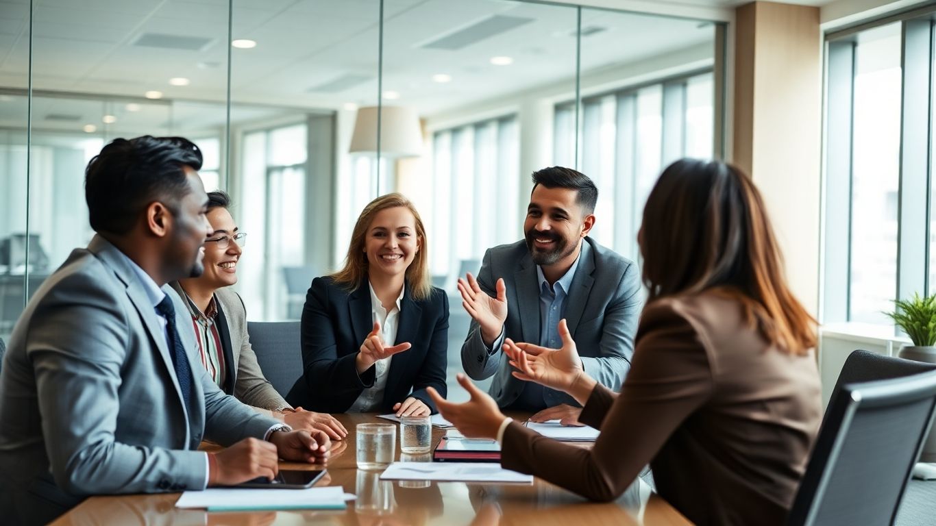 Business team collaborating in a modern office meeting