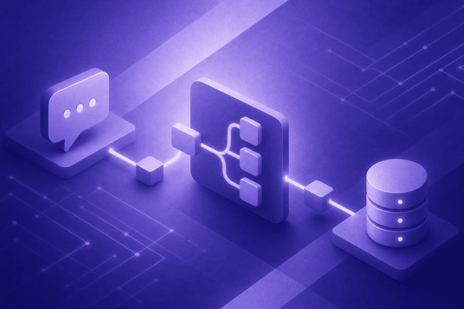 A clean, modern illustration of an automated digital workflow pipeline with interconnected nodes and glowing connectors flowing from a web chat bubble through logic branches to a CRM database, depicted in a dark blue and purple tech aesthetic with subtle circuit patterns, no text or labels anywhere