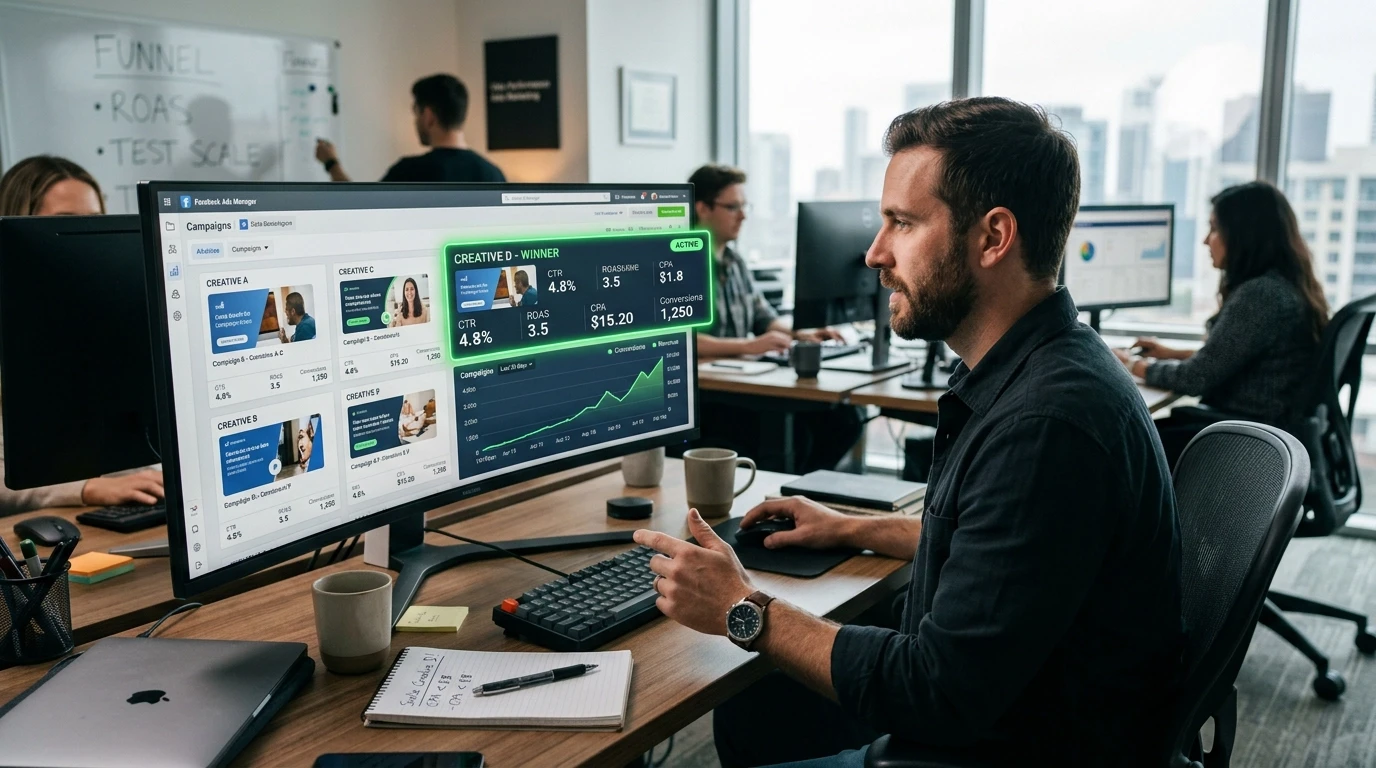 A person is seated at a control panel with multiple screens displaying winning ads on Meta.