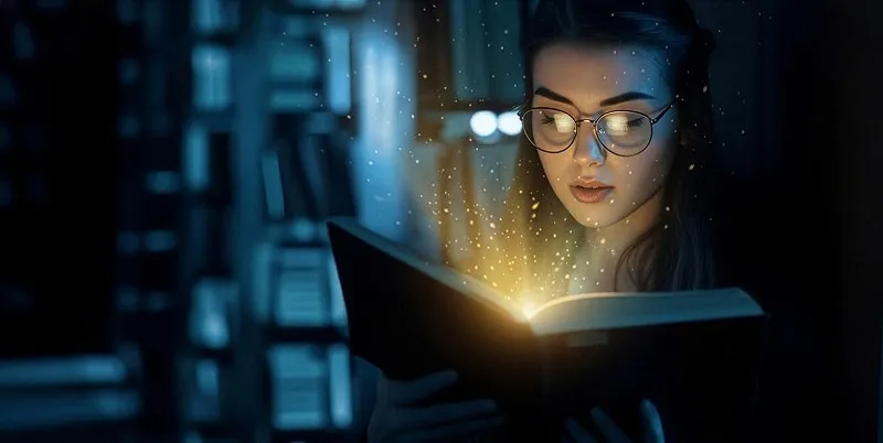Woman in glasses reading a magical, glowing book in a dark library.