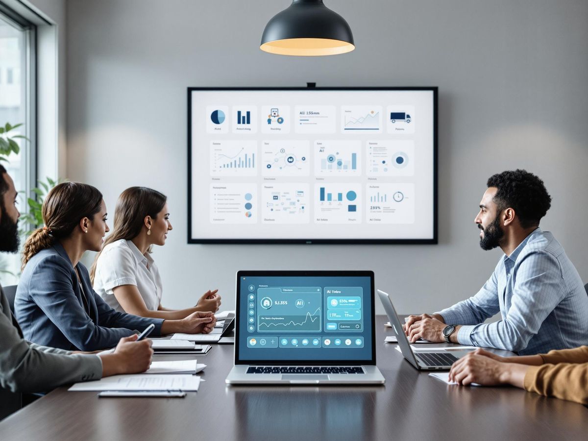 Business executives discussing AI in a modern meeting room.