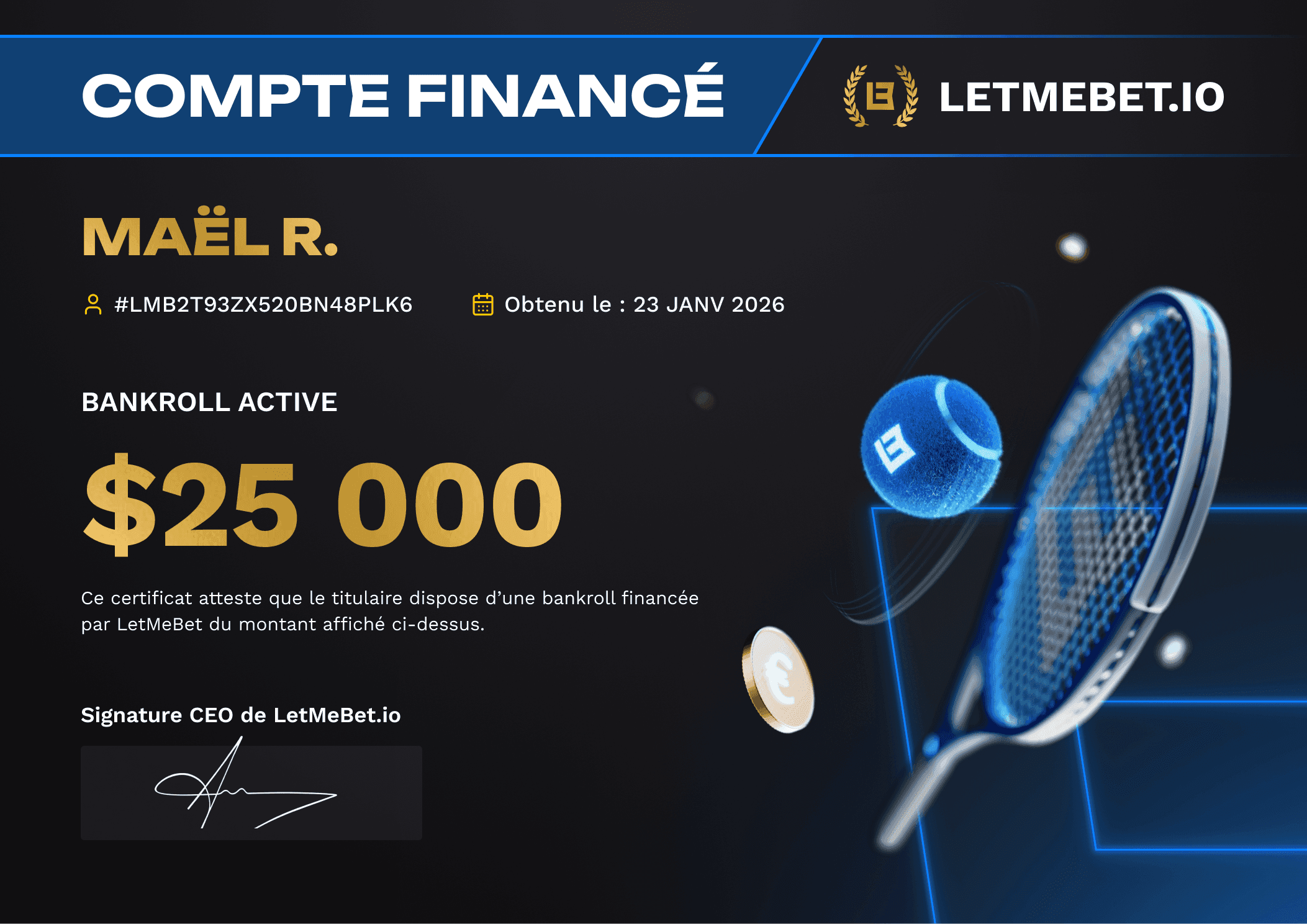 Compte financé LetMeBet Maël