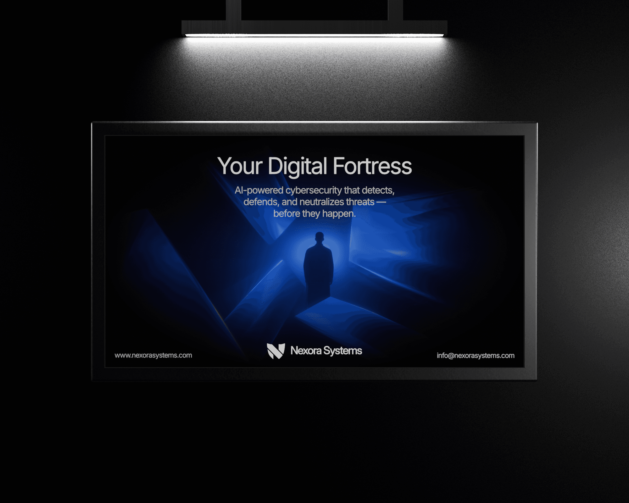 A mockup of a Nexora Systems billboard design. The billboard is featured against a plain black wall with an overhead light shining on the billboard. The billboard itself features an image in the background that shows a silhouette of a person in the center with a vibrant electric blue background. The words "Your Digital Fortress" are featured at the top of the billboard with some text below it. The logo design and contact details are featured at the bottom of the billboard.