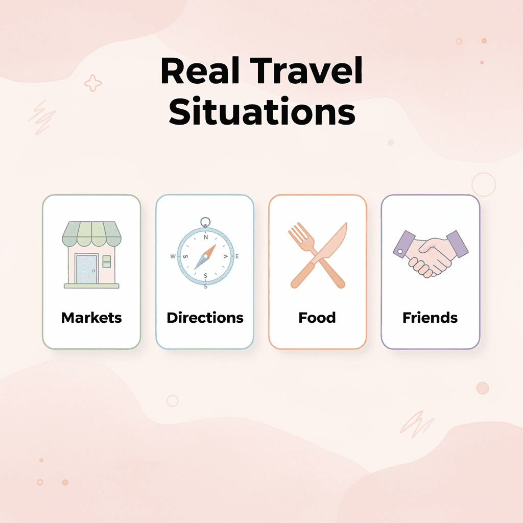 Four cards showing real travel situations: markets, directions, food, and making friends