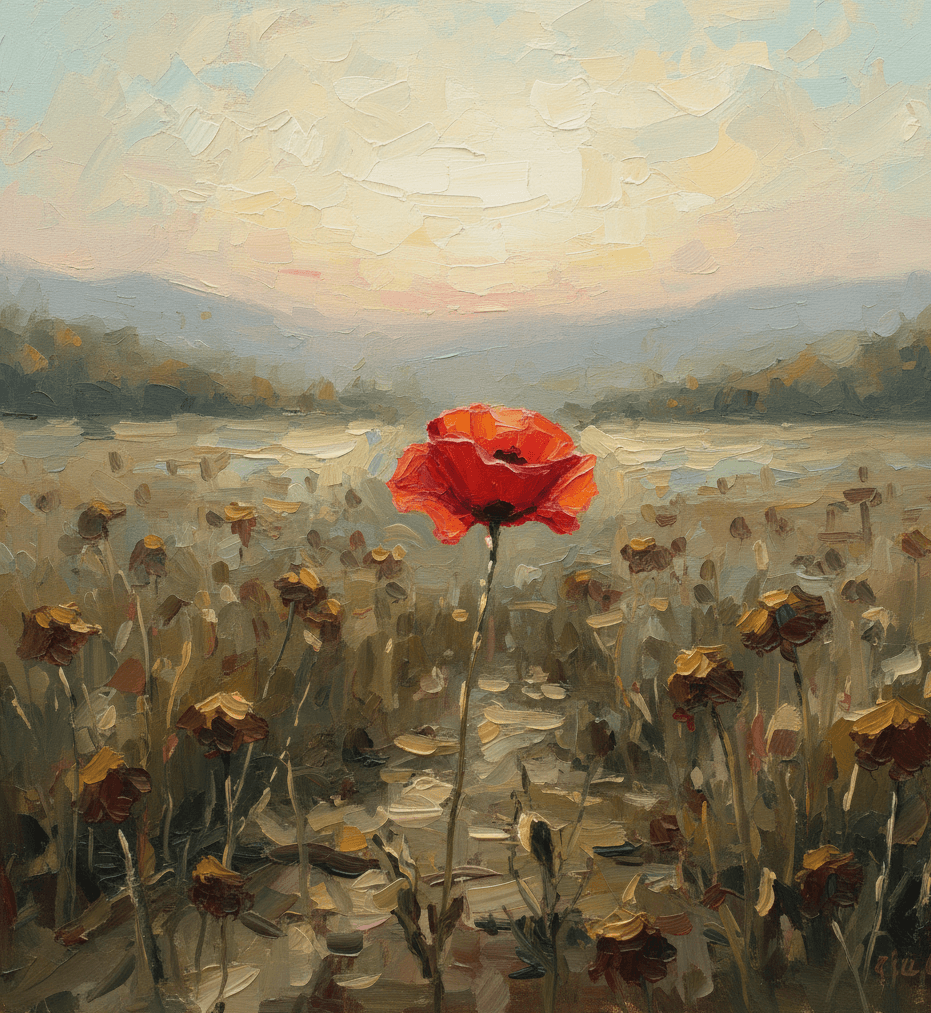 red flower amongst dead flowers