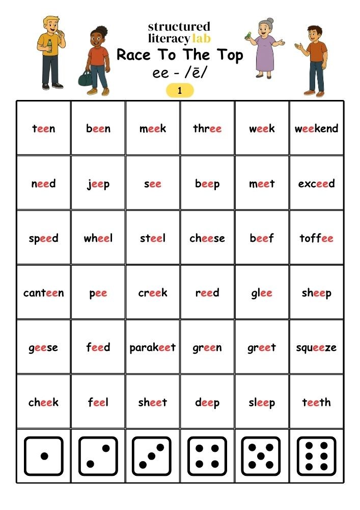 Printable ee spelling Race To The Top game included with Teens At The Reef.