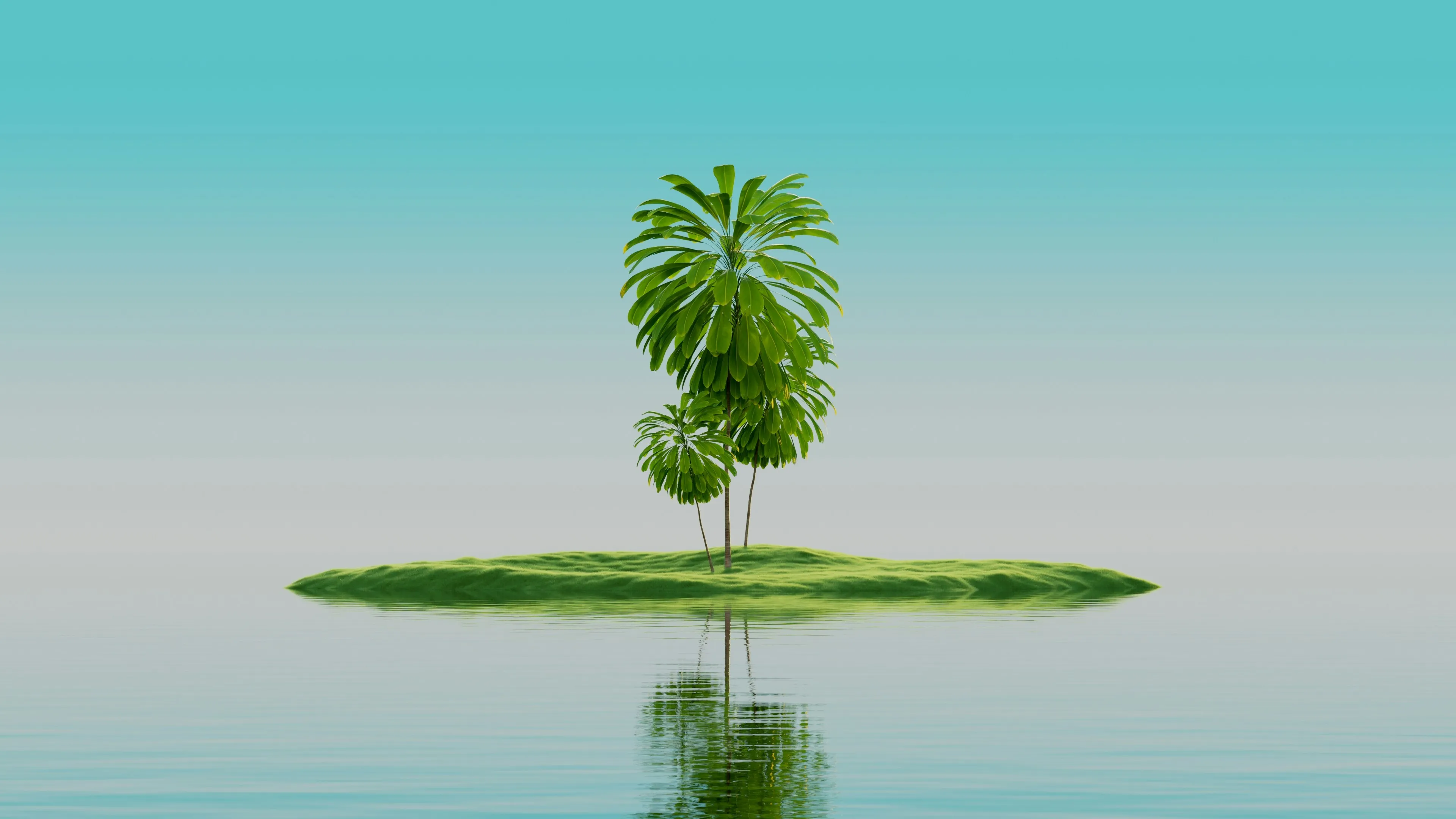 A small island with palm trees in calm water.