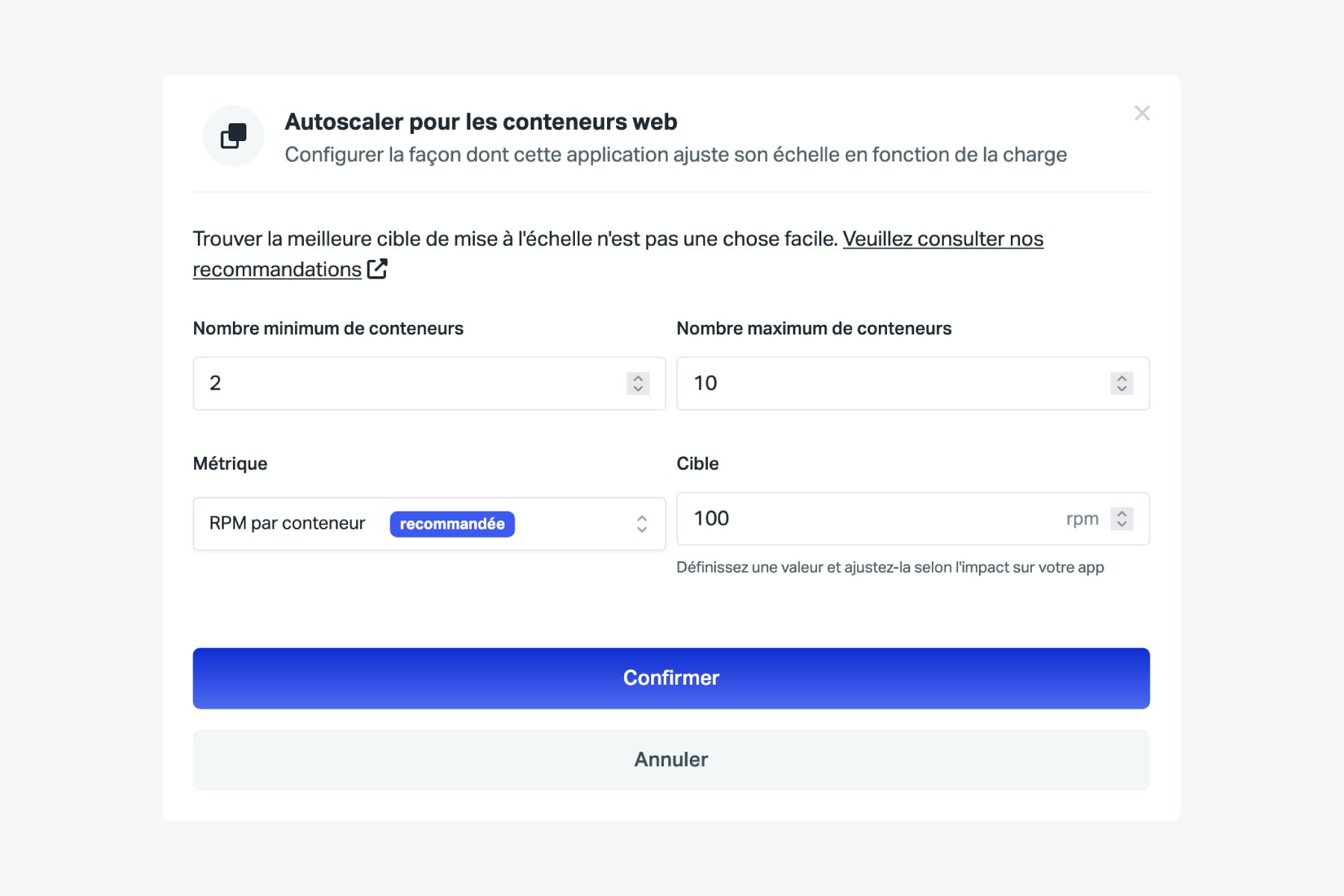 Le menu de l'autoscaler de Scalingo