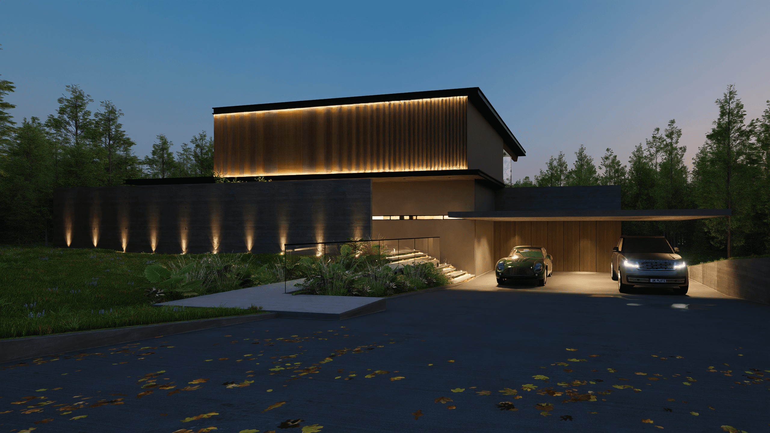 Arteaga cabin in the woods main facade at night.