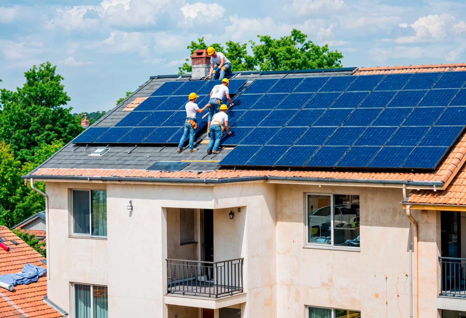 Workers installing solar panels on roof