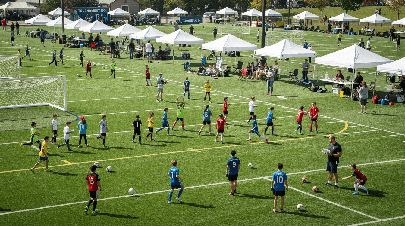 The image depicts a lively youth football tournament featuring multiple green pitches, white canopy tents, and groups of young players engaging in warm-up training sessions. This vibrant scene highlights the excitement of the event, where football clubs come together to showcase their skills and foster teamwork.