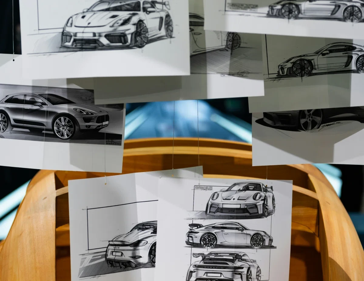 Car design sketches displayed above wooden car frame