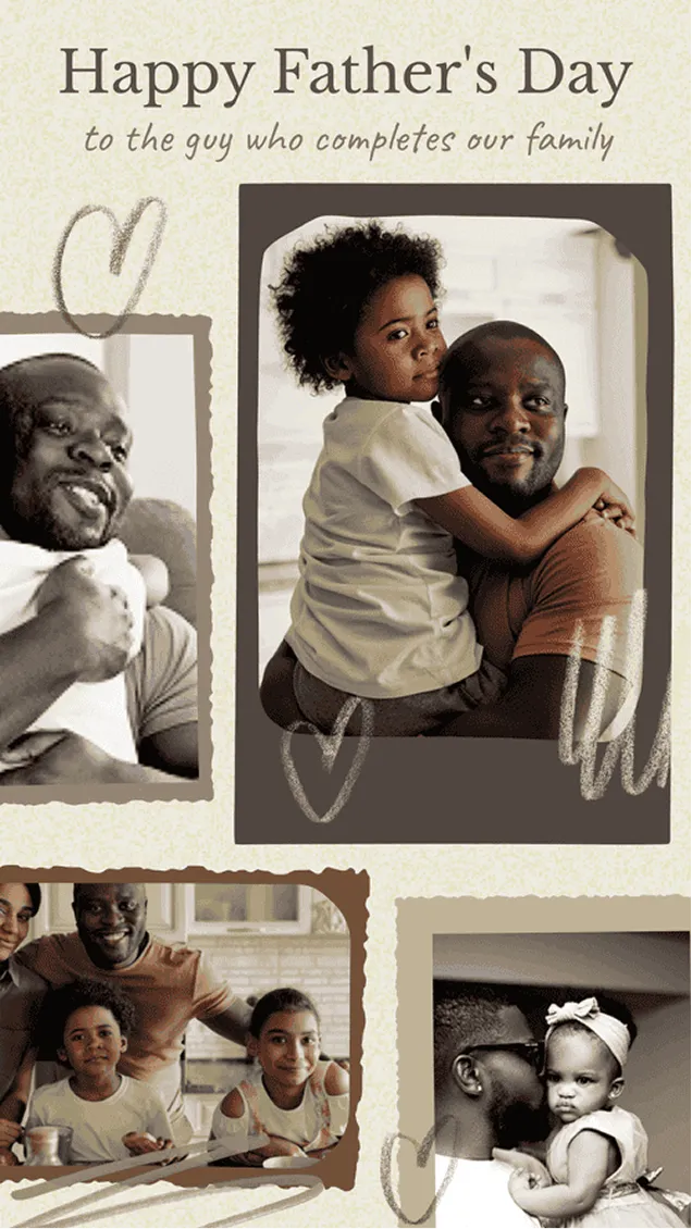 Father's Day card template with torn-edge photo frames on beige paper, hearts, and a 'Happy Father's Day' serif title.