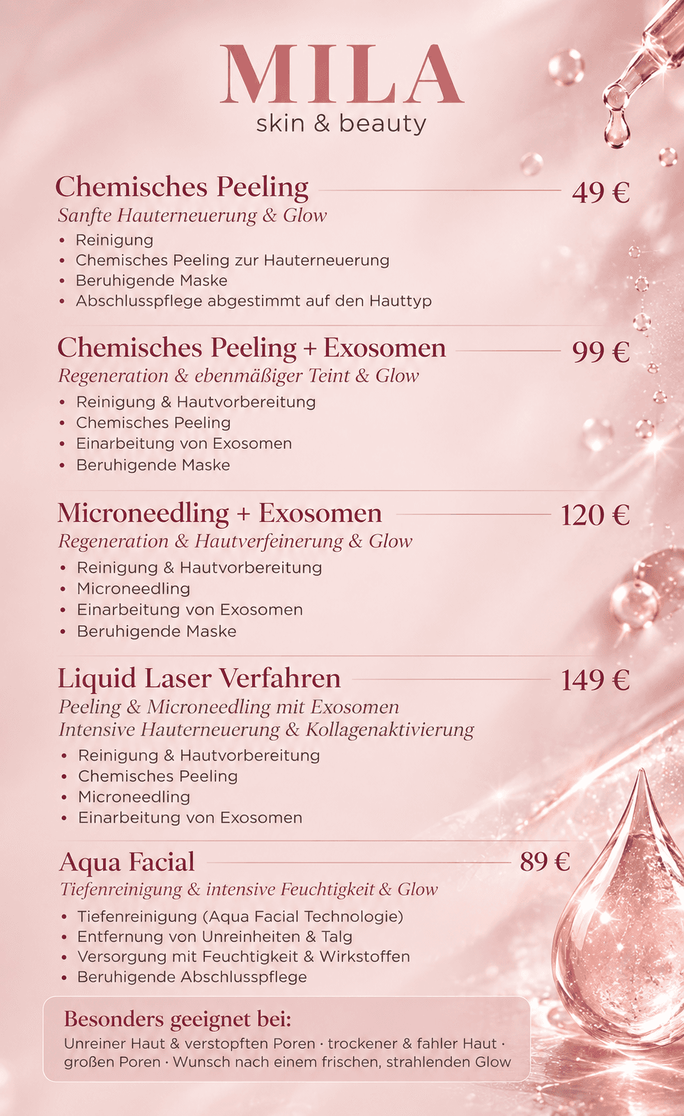 Preisübersicht der Behandlungen bei Mila Skin & Beauty