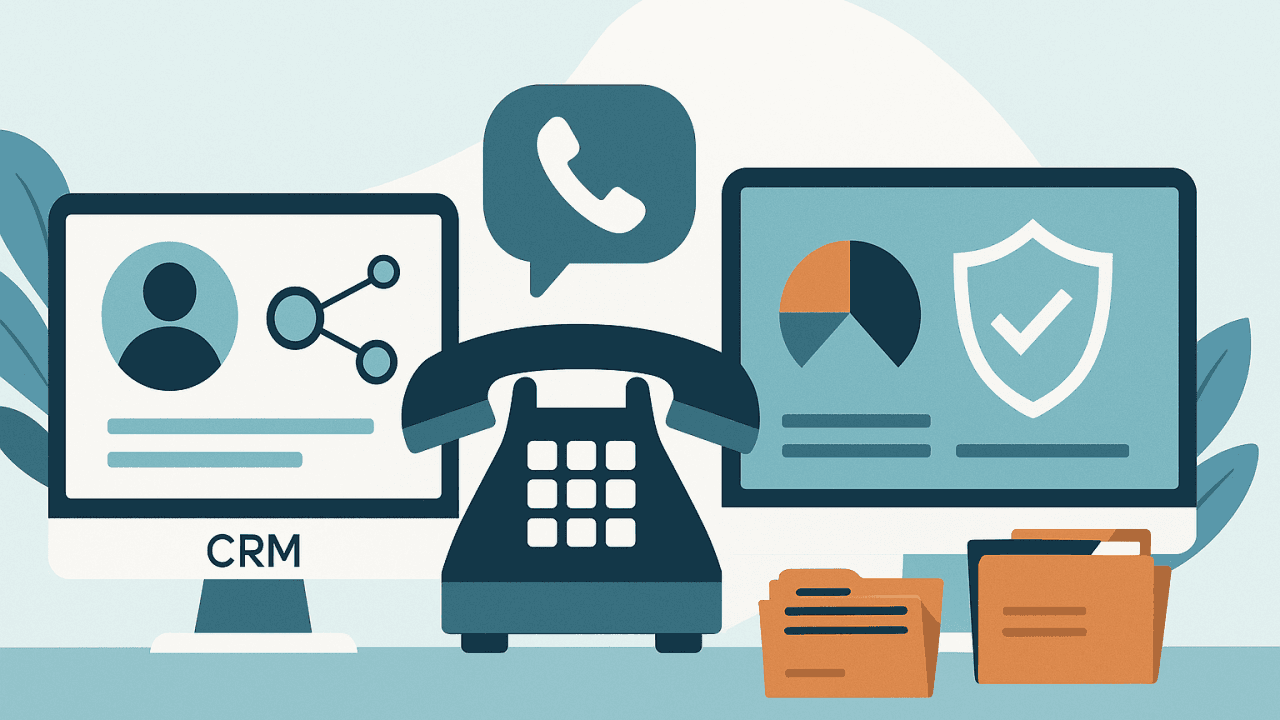 A computer screen representing a CRM, a phone representing a dialer, and a dashboard representing an agency management system