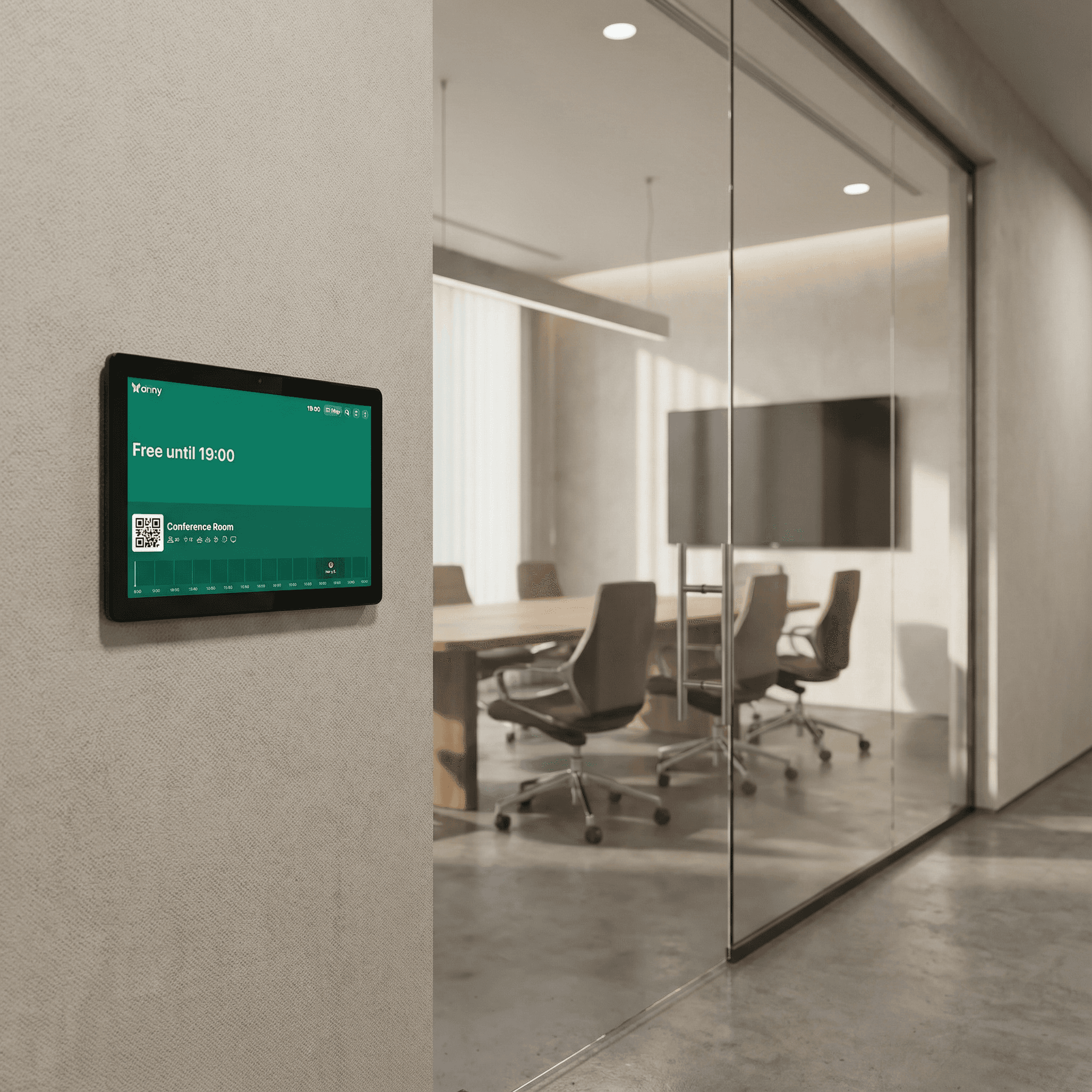 Elo Raumdisplay der I-Serie am Meetingraum zeigt Verfügbarkeit im anny Buchungssystem als frei