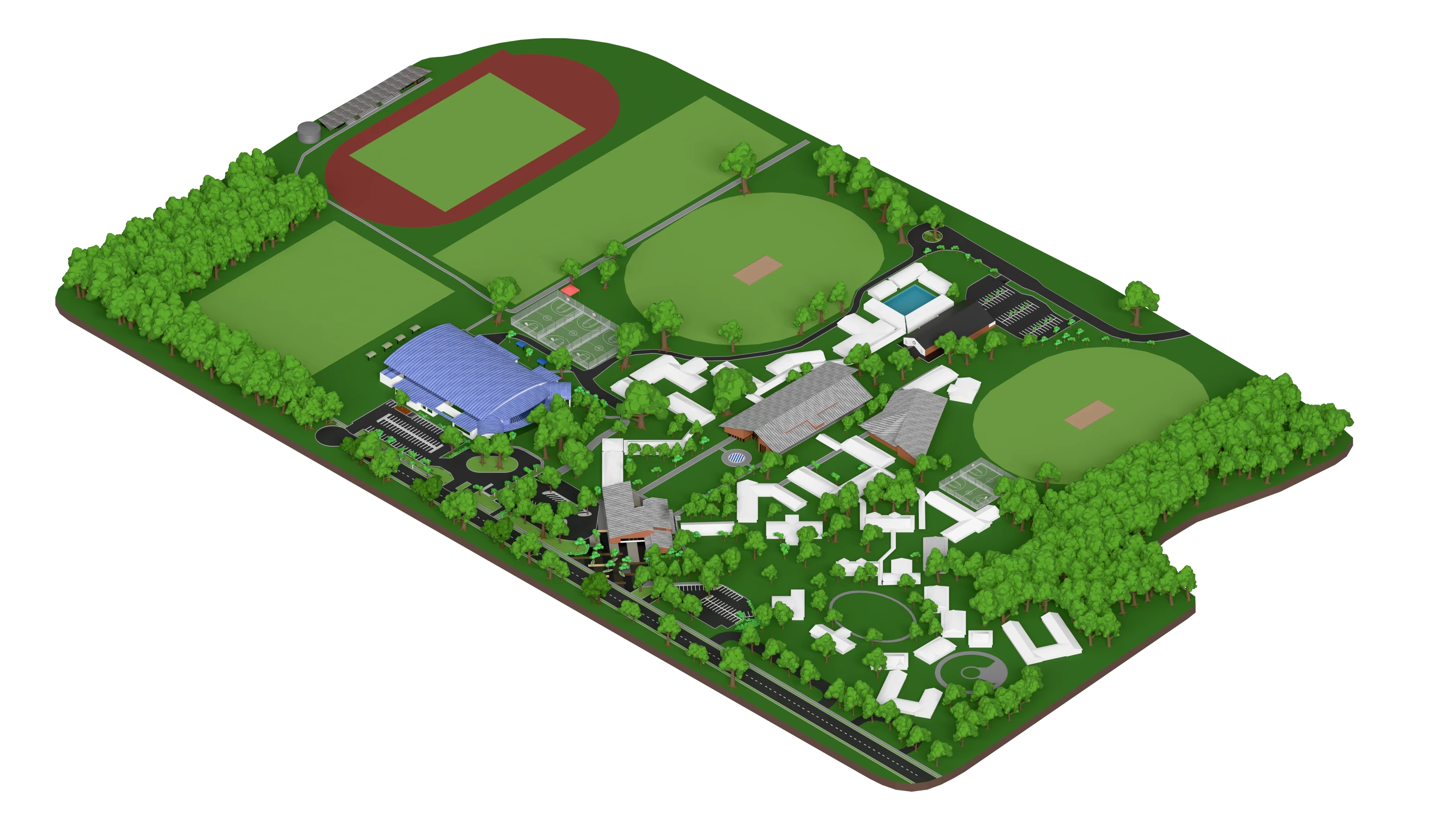 Isometric 3D site map of a large school campus featuring multiple academic buildings, sports fields including two baseball diamonds and an athletics track, tennis courts, a gymnasium, parking areas, internal roads, and surrounding trees in a simplified low-poly architectural style.