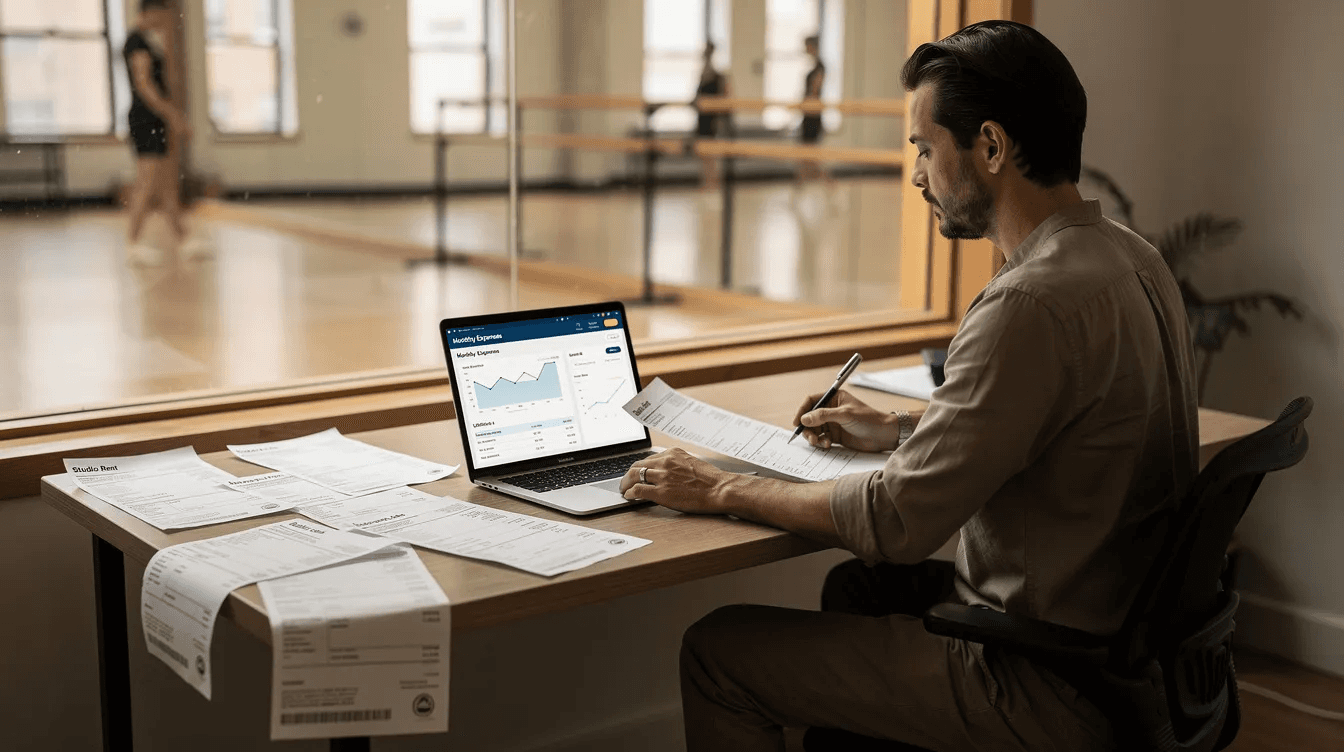 The image shows a dance studio owner seated at a desk, focused on reviewing paperwork and a laptop displaying bills, highlighting the administrative tasks involved in managing a dance studio. This scene reflects the importance of effective dance studio management software in handling elements like payment processing and class scheduling for studio owners.