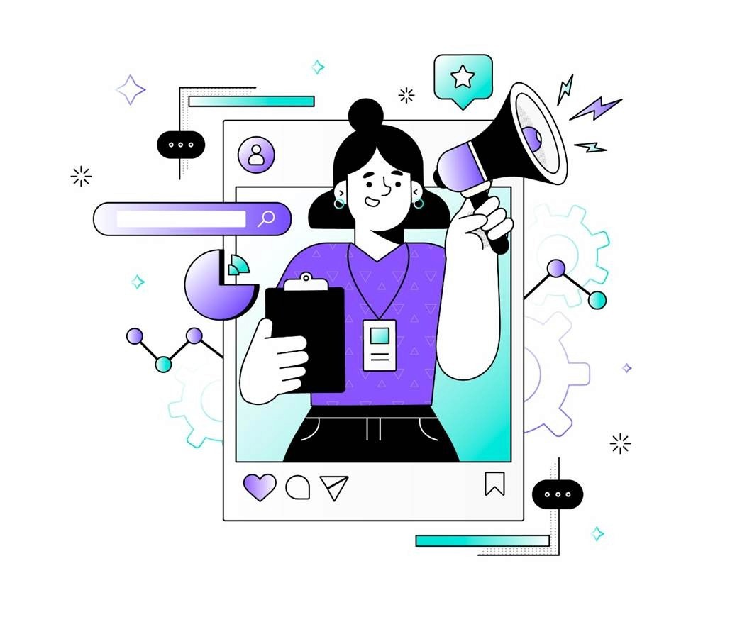Illustration of a female influencer holding a megaphone and clipboard inside a social media post frame