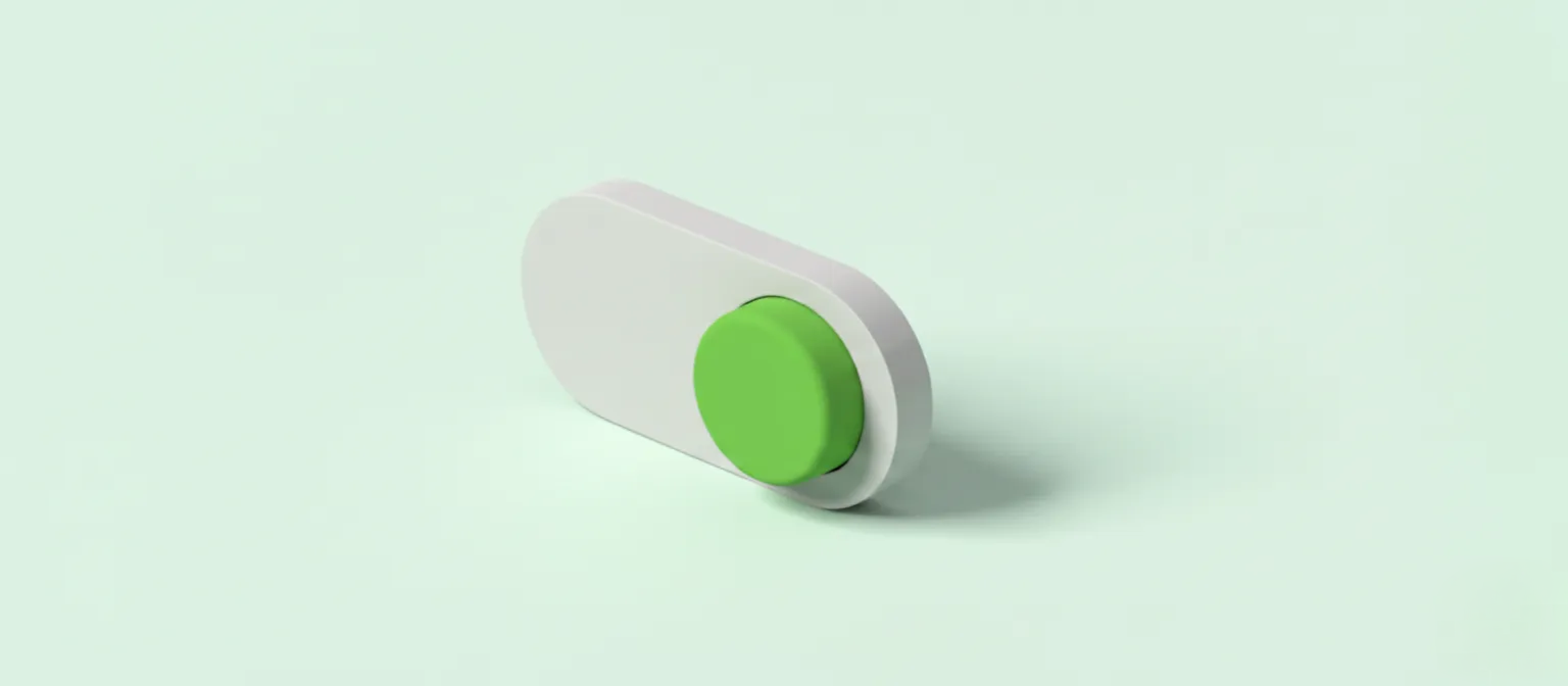 An isometric 3D illustration of a UI toggle switched on, against a green background
