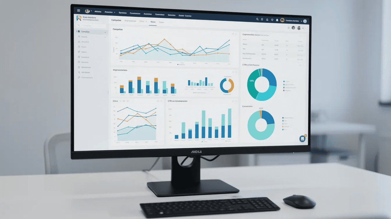 La imagen muestra una pantalla de computadora con gráficos que ilustran el rendimiento de campañas publicitarias digitales, destacando métricas clave como clics y conversiones. Estos datos son esenciales para optimizar estrategias de SEO y SEM, mejorando así la visibilidad de un sitio web en los motores de búsqueda.