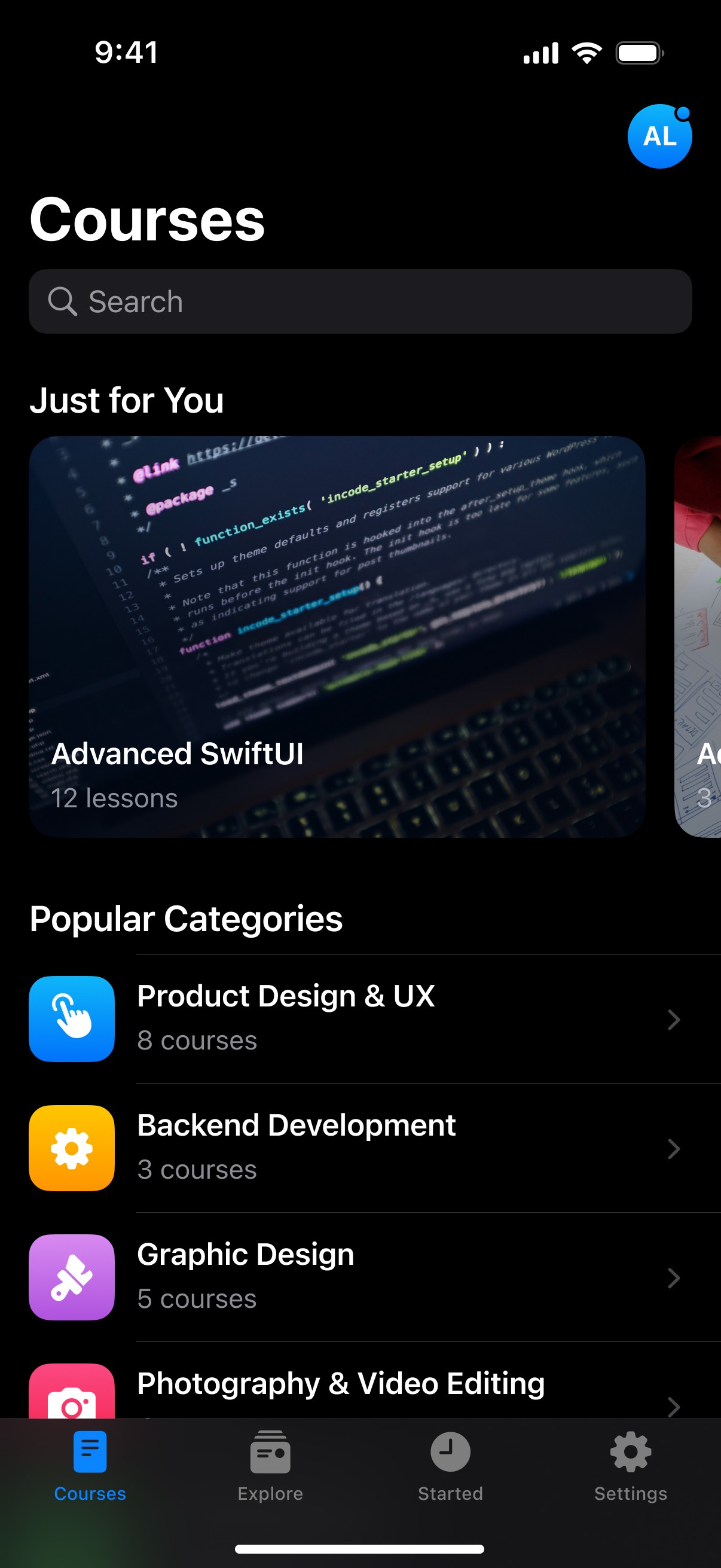 Main screen from Native iOS template in dark mode.