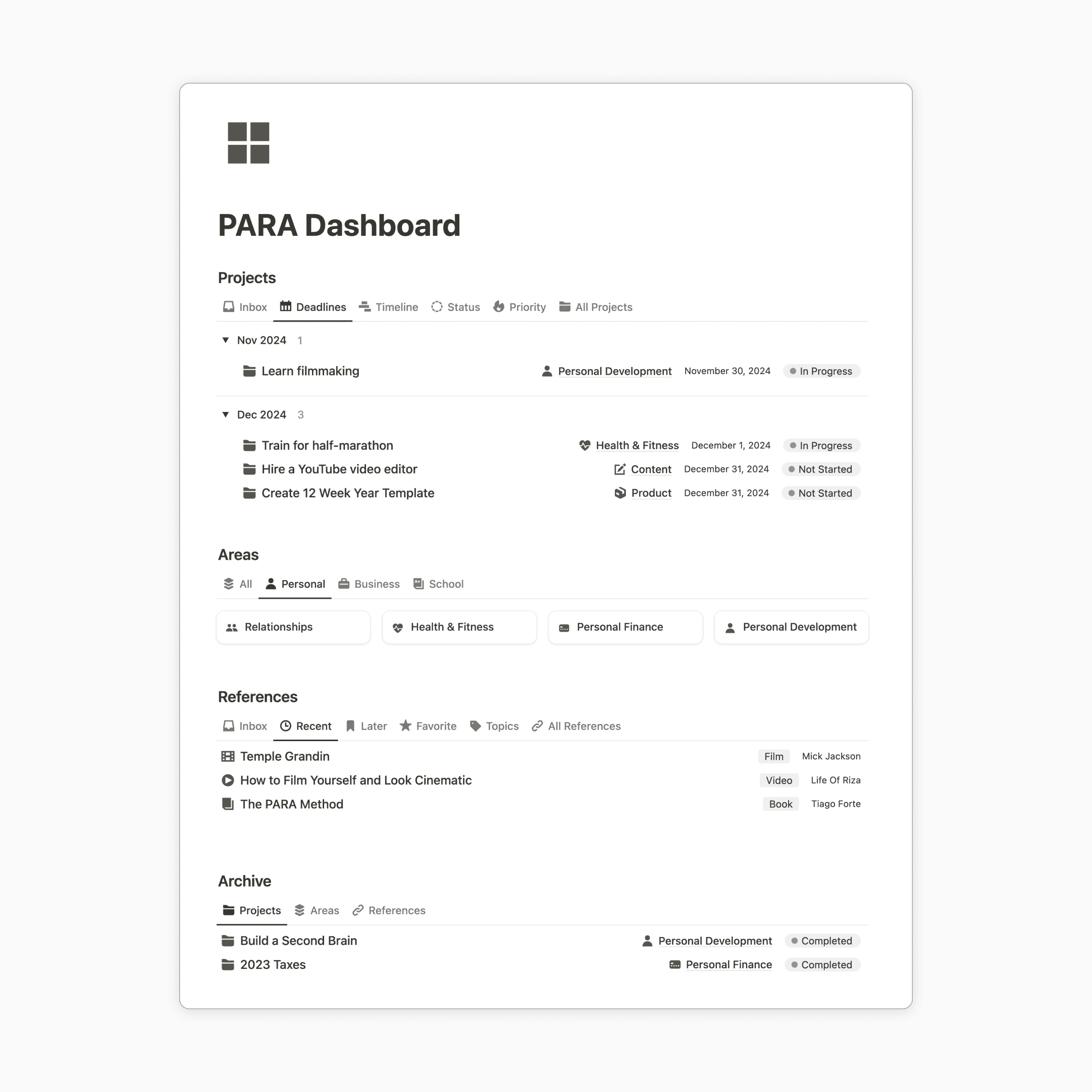 PARA Dashboard Notion template