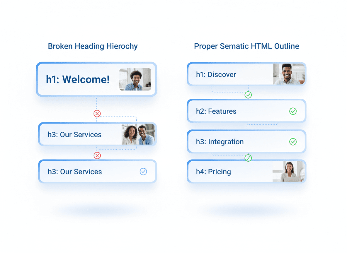 Incorrect HTML heading hierarchy affecting SEO and accessibility compared with proper semantic structure