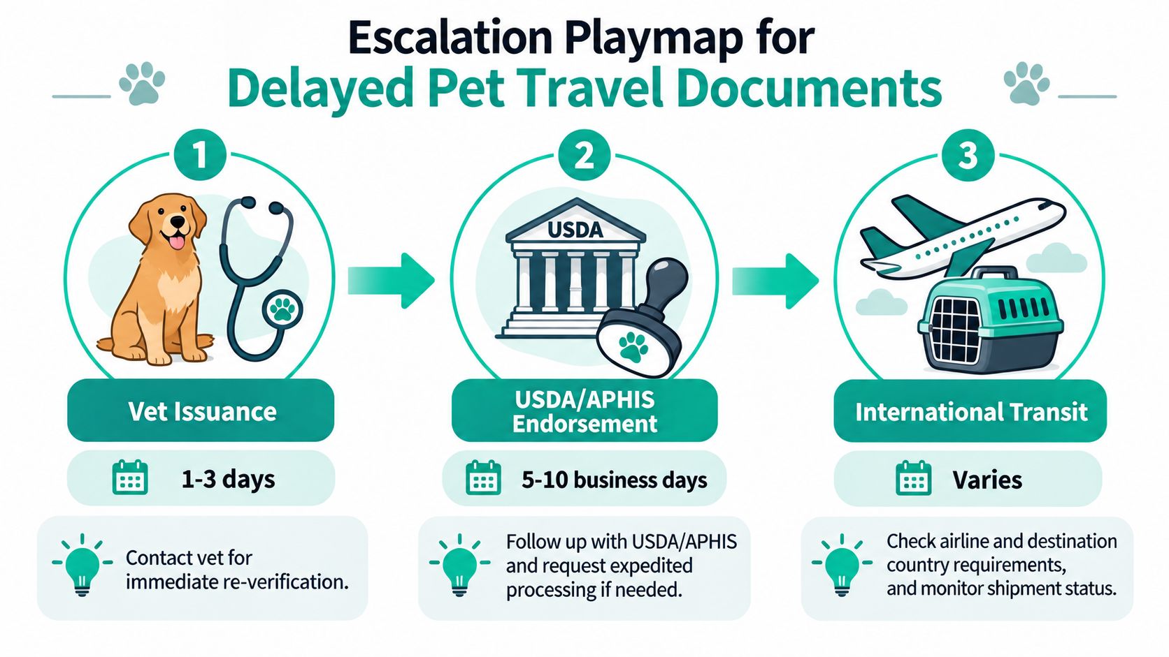 A visual guide outlining the three-step escalation process for delayed international pet travel health certificates and documents.