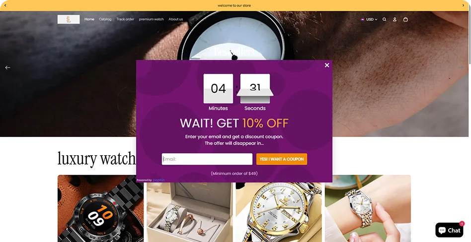 Urgency-driven exit-intent popup for a luxury watch store featuring a countdown timer and a 10% discount to convert abandoning visitors