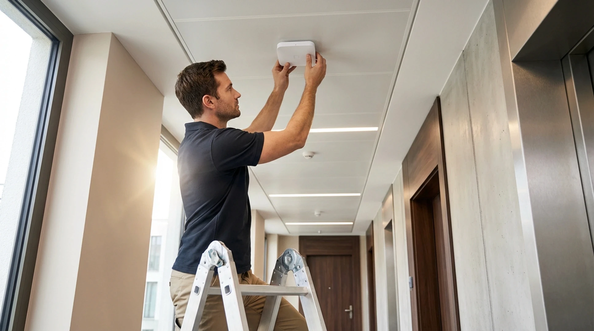 Technician installing wireless access point in apartment hallway ceiling for bulk Wi-Fi network