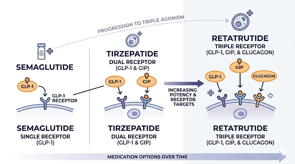 GLP-1 medication progression from single to dual to triple receptor agonists for weight loss