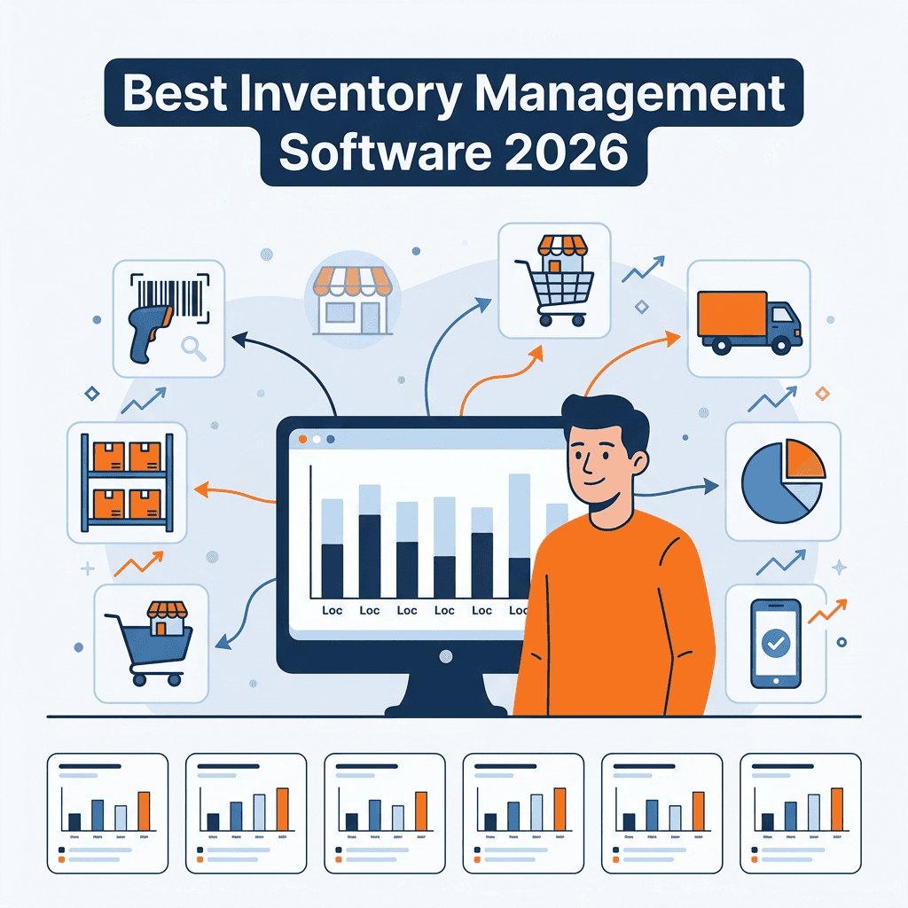 An infographic titled "Best Inventory Management Software 2026" showcasing retail facility management and stock tracking features. The central graphic features a man standing next to a desktop computer displaying location-based inventory data charts. Surrounding icons illustrate key retail logistics features: barcode scanning, warehouse shelving, storefronts, shopping carts, delivery trucks, data pie charts, and mobile tracking. Six smaller data dashboards are lined up along the bottom.