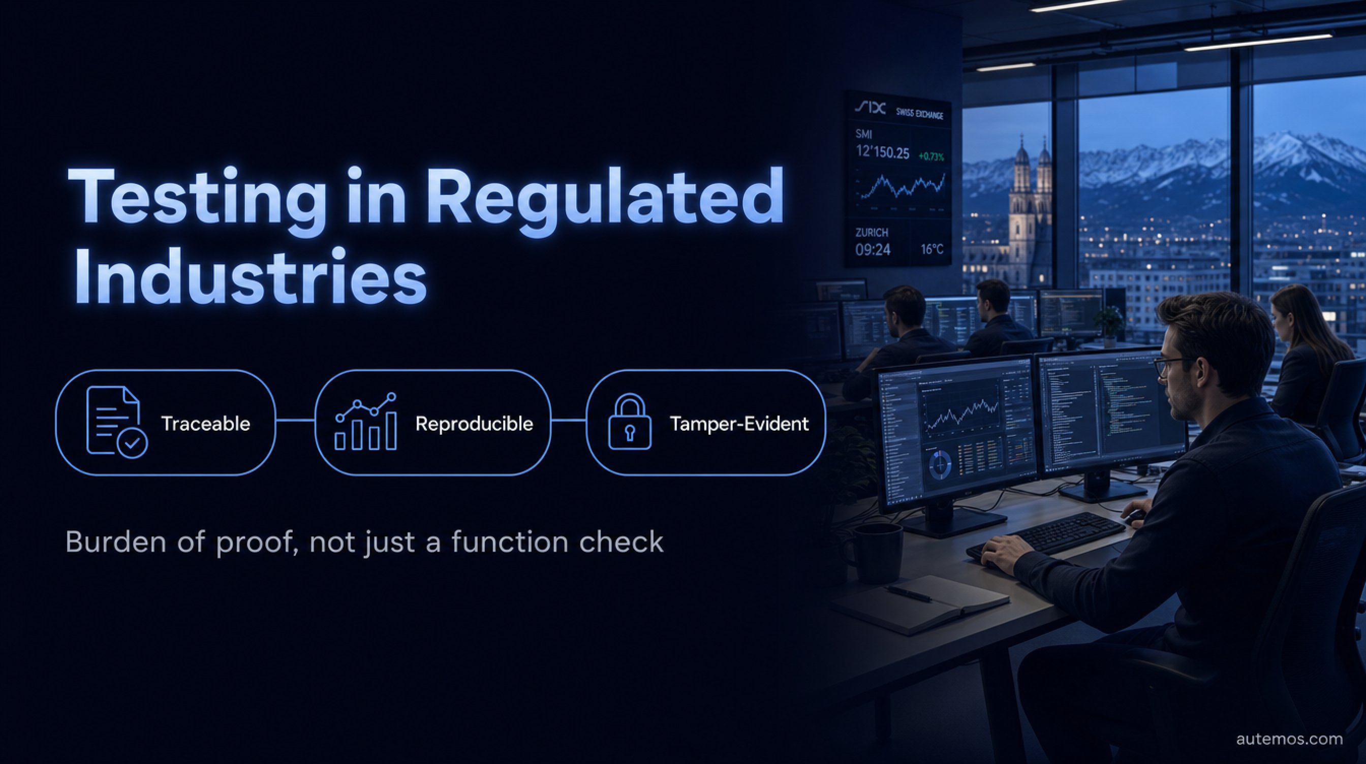 Concept infographic: testing in regulated industries means traceable, reproducible and tamper-evident checks, not just a function check.