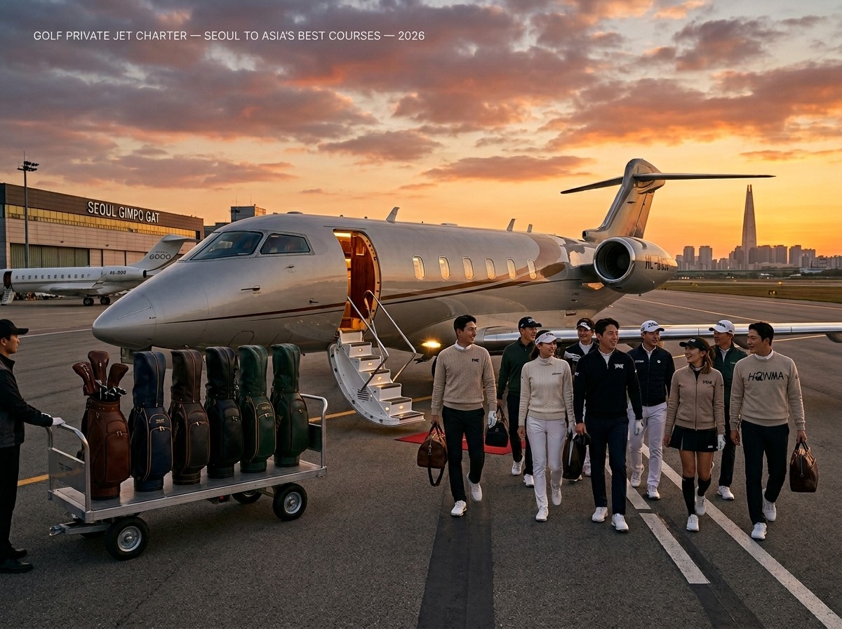 Golf charter jet guide — Jeju Fukuoka Da Nang Phuket routes, pricing, aircraft, golf bags 2026