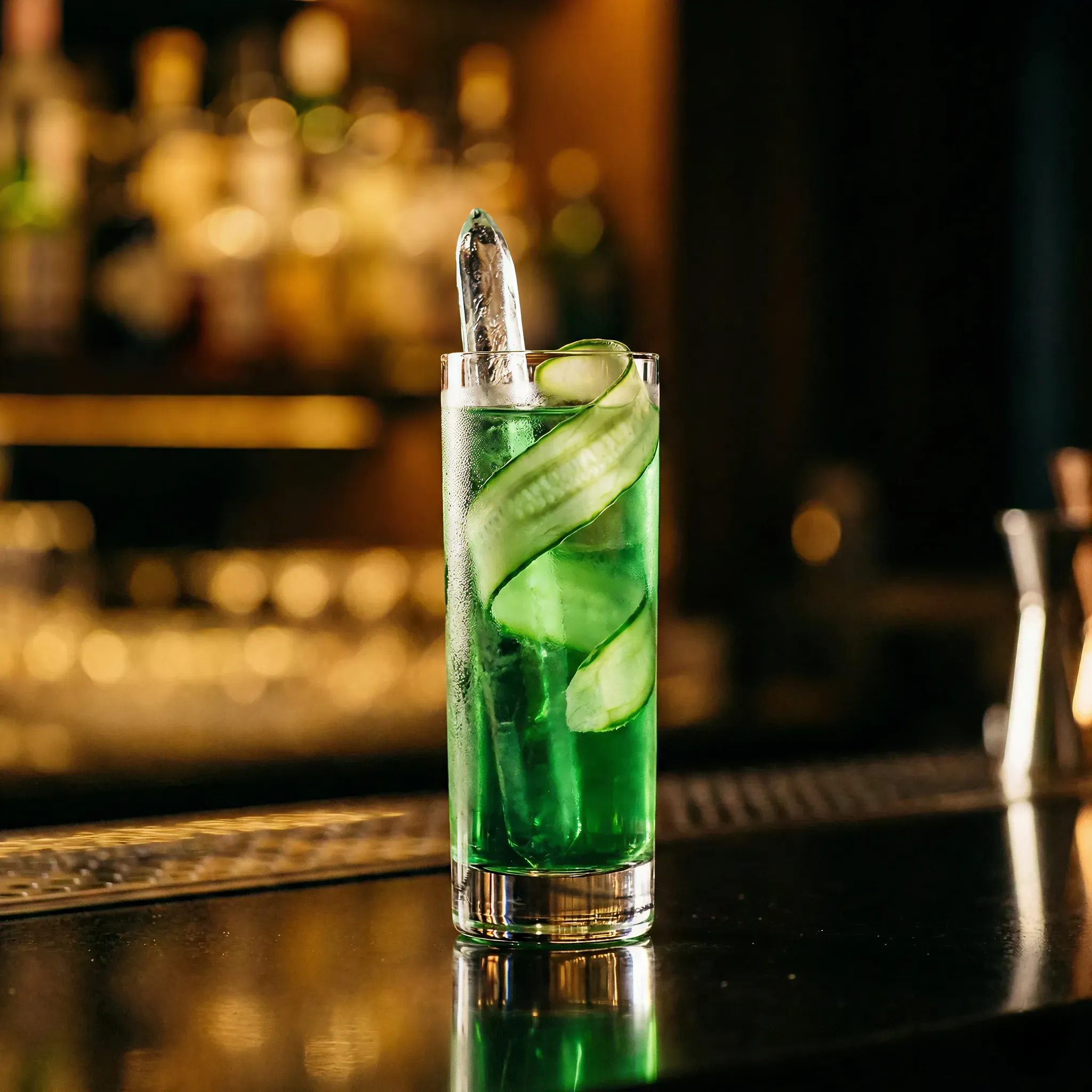 A tall glass with a vibrant green cocktail, garnished with a twisted cucumber ribbon and large ice cube, sits on a dimly lit bar counter.