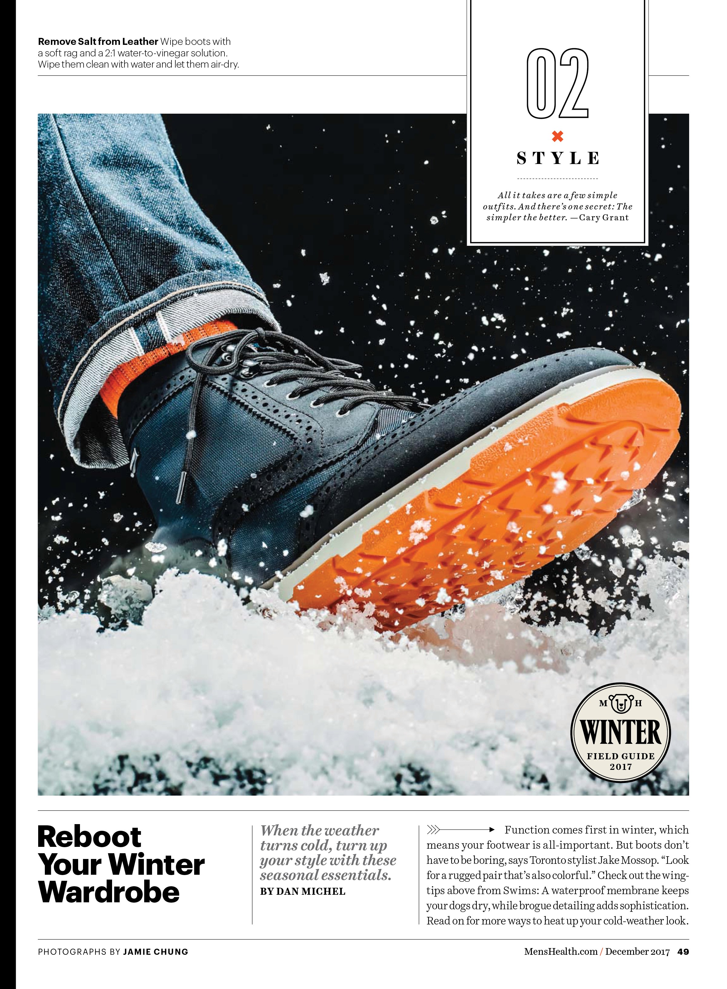 A magazine layout with a close-up photo of a winter boot with orange sole stepping on a snow with bits of snow flying out from the impact